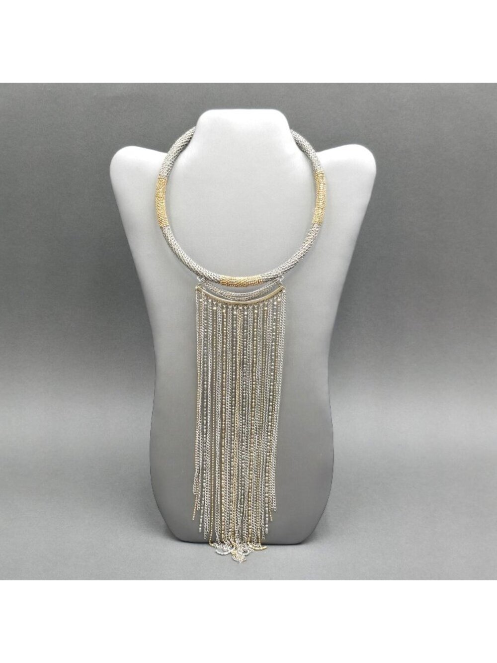 Vintage Two Tone Metal Mesh Collar Necklace Gold Silver Waterfall Fringe Choker - Picture 15 of 15